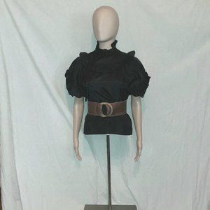 black taffeta puff sleeved high collar top